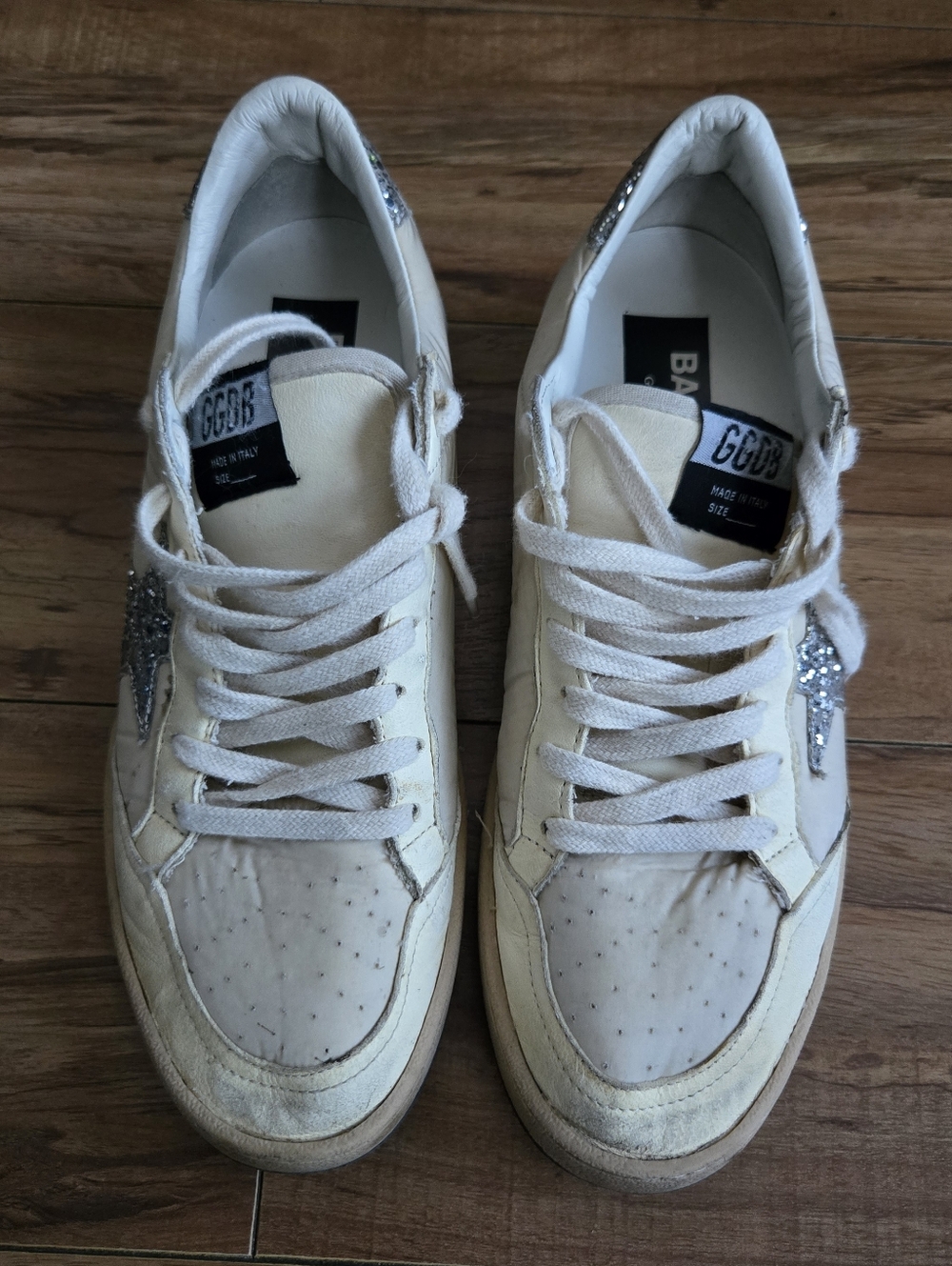 Golden Goose Ball Star Cream Sneakers with Silver Glitter Star 40 Or 9.5